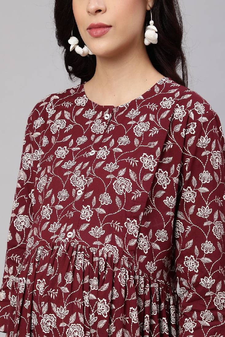 Burgundy Printed Pure Cotton Dress