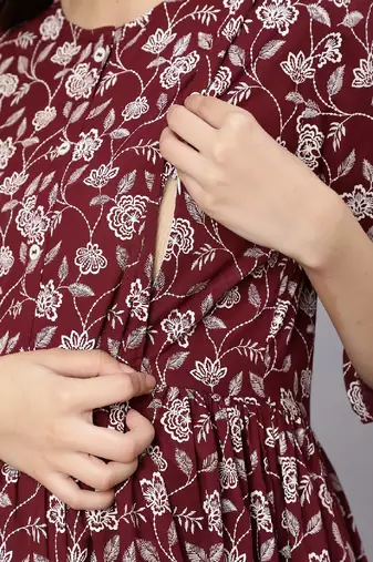 Burgundy Printed Pure Cotton Dress