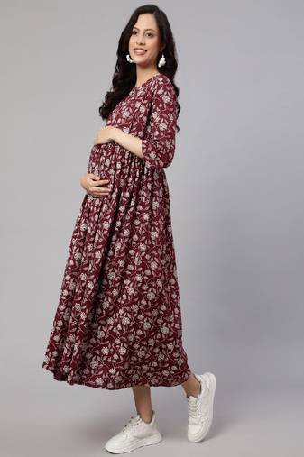 Burgundy Printed Pure Cotton Dress