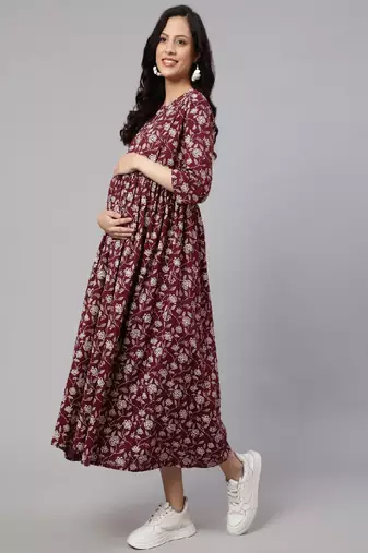 Burgundy Printed Pure Cotton Dress