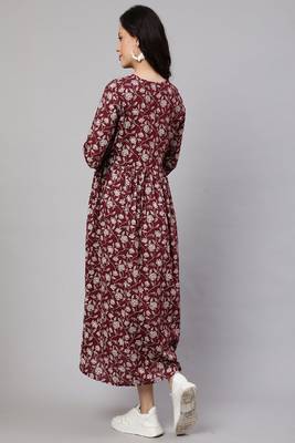 Burgundy Printed Pure Cotton Dress 4