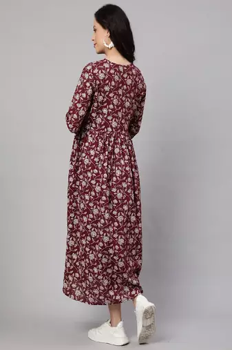 Burgundy Printed Pure Cotton Dress