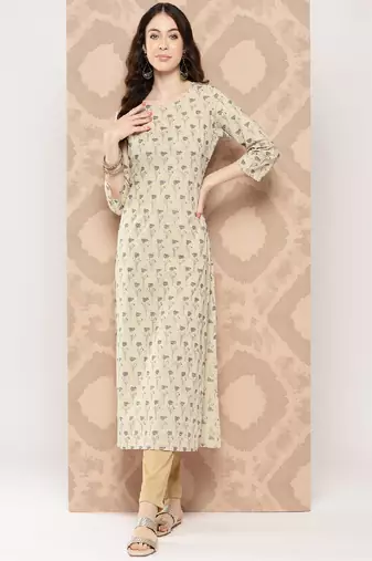 Cream Printed Pure Cotton Kurta