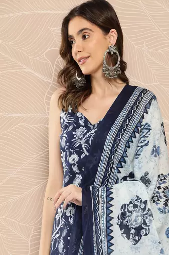 Blue Printed Pure Cotton Kurta Set