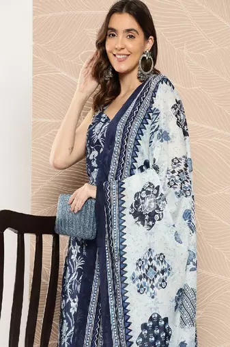 Blue Printed Pure Cotton Kurta Set
