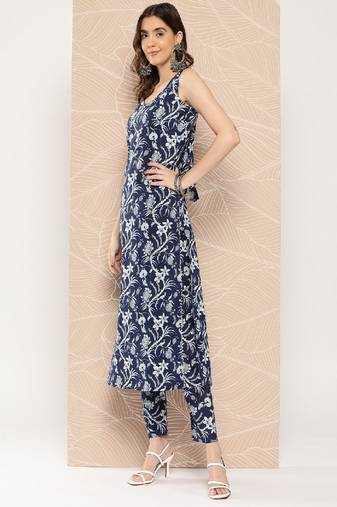 Blue Printed Pure Cotton Kurta Set