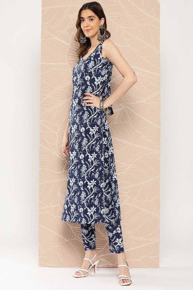 Blue Printed Pure Cotton Kurta Set