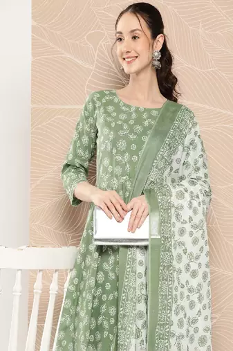 Green Printed Pure Cotton Kurta Set