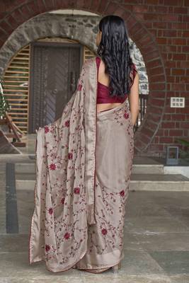 Beige Poly Georgette Sequence And Embroidery Saree With Blouse Piece 2