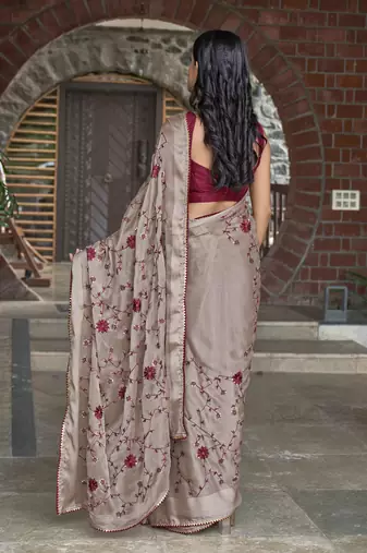 Beige Poly Georgette Sequence And Embroidery Saree With Blouse Piece