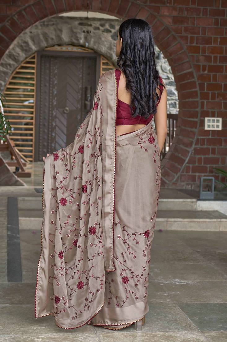 Beige Poly Georgette Sequence And Embroidery Saree With Blouse Piece