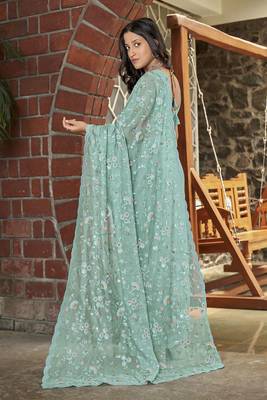 Manohari Light Blue Net Base Soft Organza Seuence Saree With Blouse Piece 2