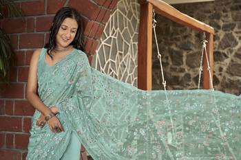 Manohari Light Blue Net Base Soft Organza Seuence Saree With Blouse Piece 3