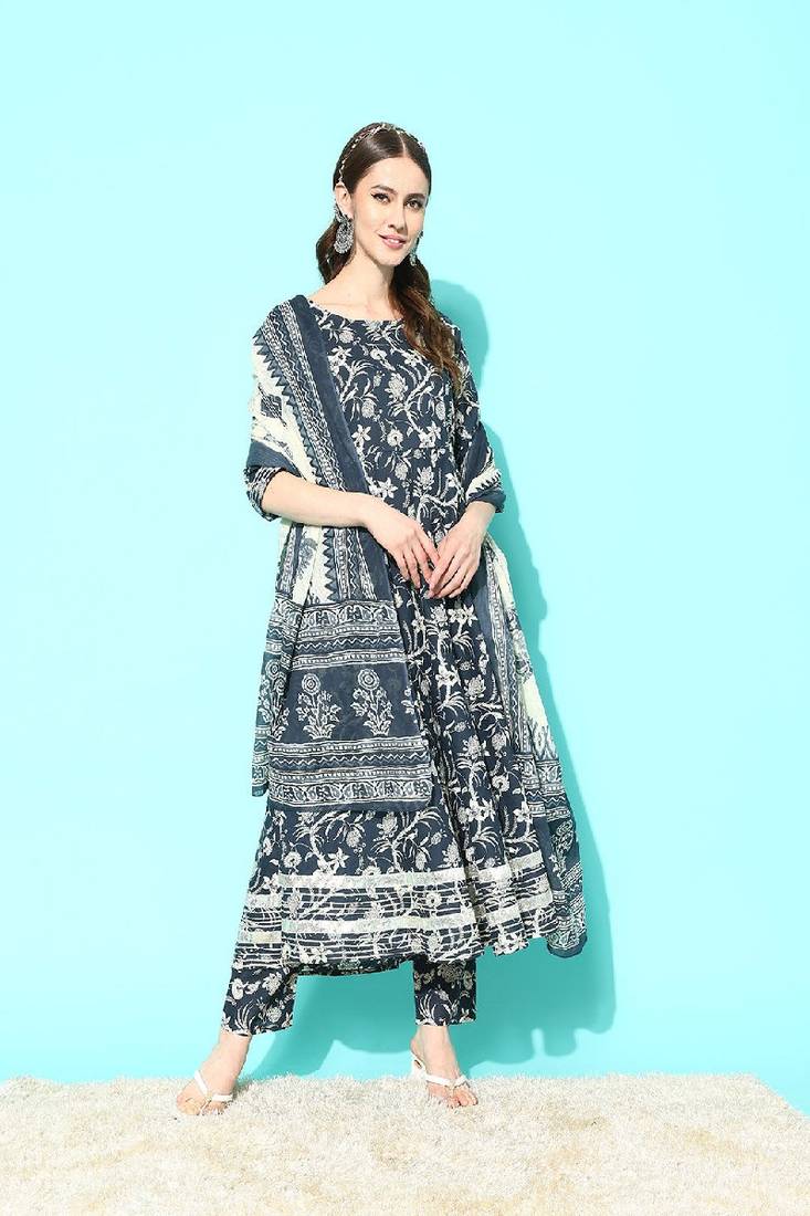 Grey Printed Pure Cotton Kurta Set