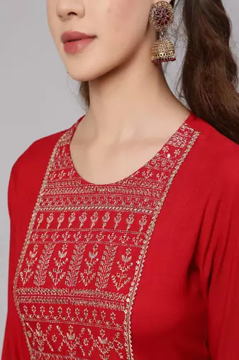 Red Embroidered Viscose Rayon Kurta Set