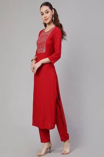Red Embroidered Viscose Rayon Kurta Set