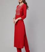 Red Embroidered Viscose Rayon Kurta Set