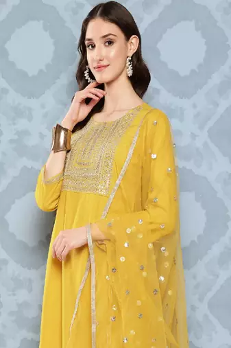 Yellow Embroidered Viscose Rayon Kurta Set