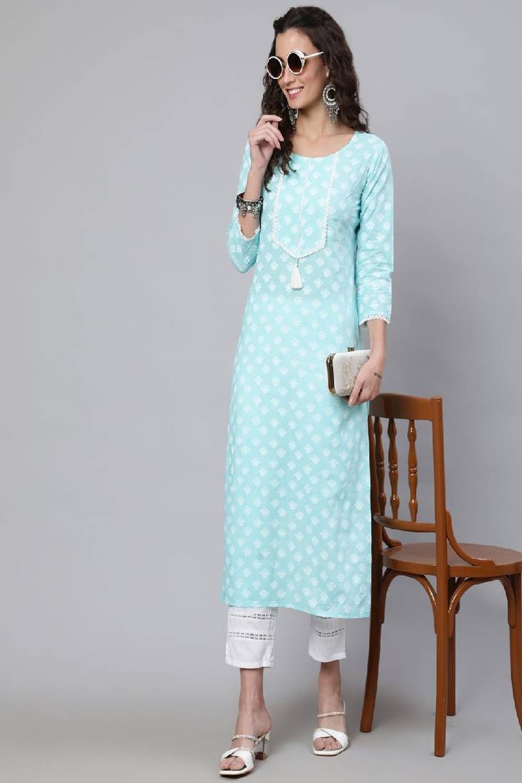 Blue Printed Pure Cotton Kurta