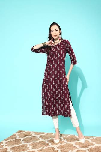 Burgundy Printed Viscose Rayon Kurta