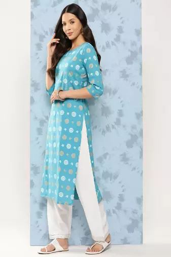 Blue Printed Viscose Rayon Kurta
