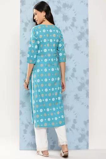 Blue Printed Viscose Rayon Kurta