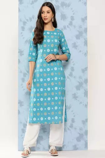 Blue Printed Viscose Rayon Kurta