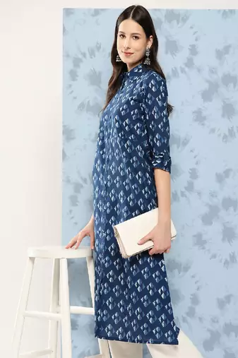 Blue Printed Pure Cotton Kurta