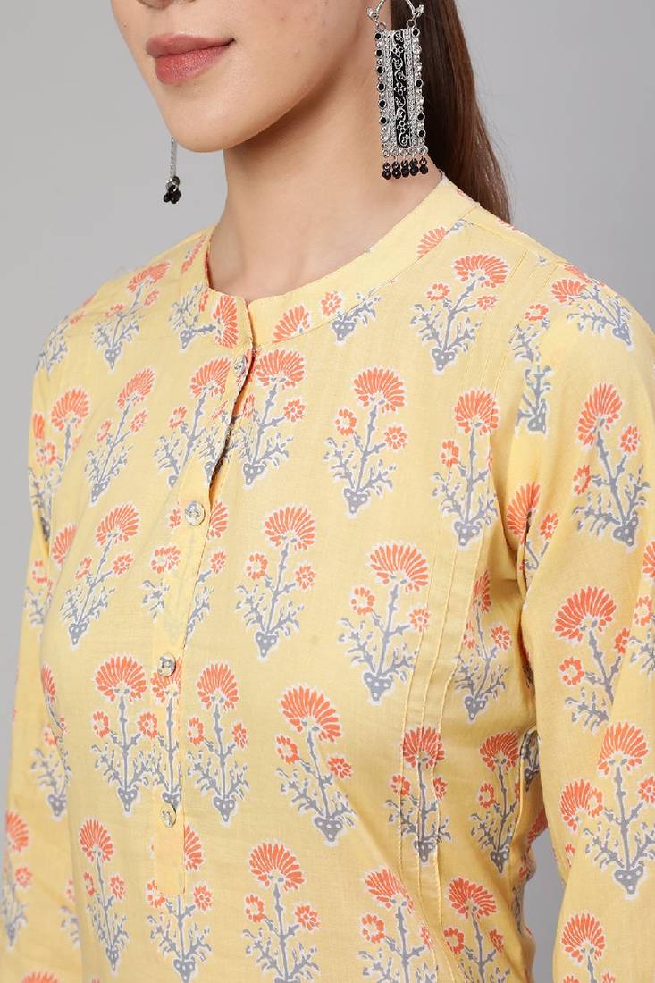 Yellow Printed Pure Cotton Kurta