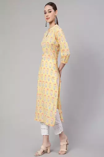Yellow Printed Pure Cotton Kurta