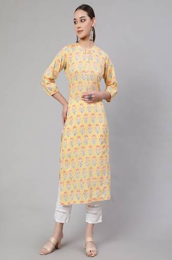 Yellow Printed Pure Cotton Kurta