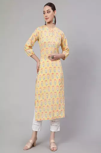 Yellow Printed Pure Cotton Kurta