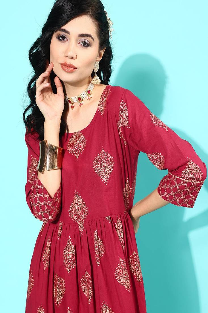 Maroon Printed Pure Cotton Dress