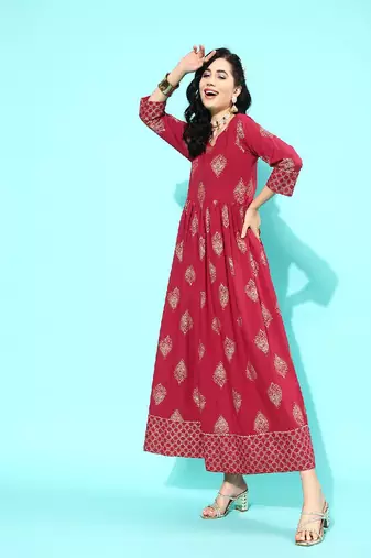 Maroon Printed Pure Cotton Dress