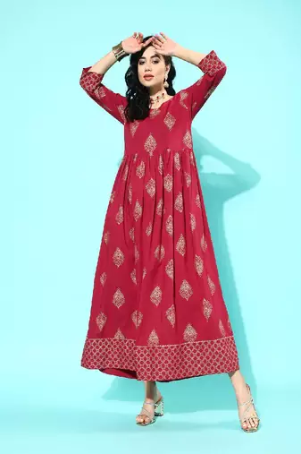 Maroon Printed Pure Cotton Dress