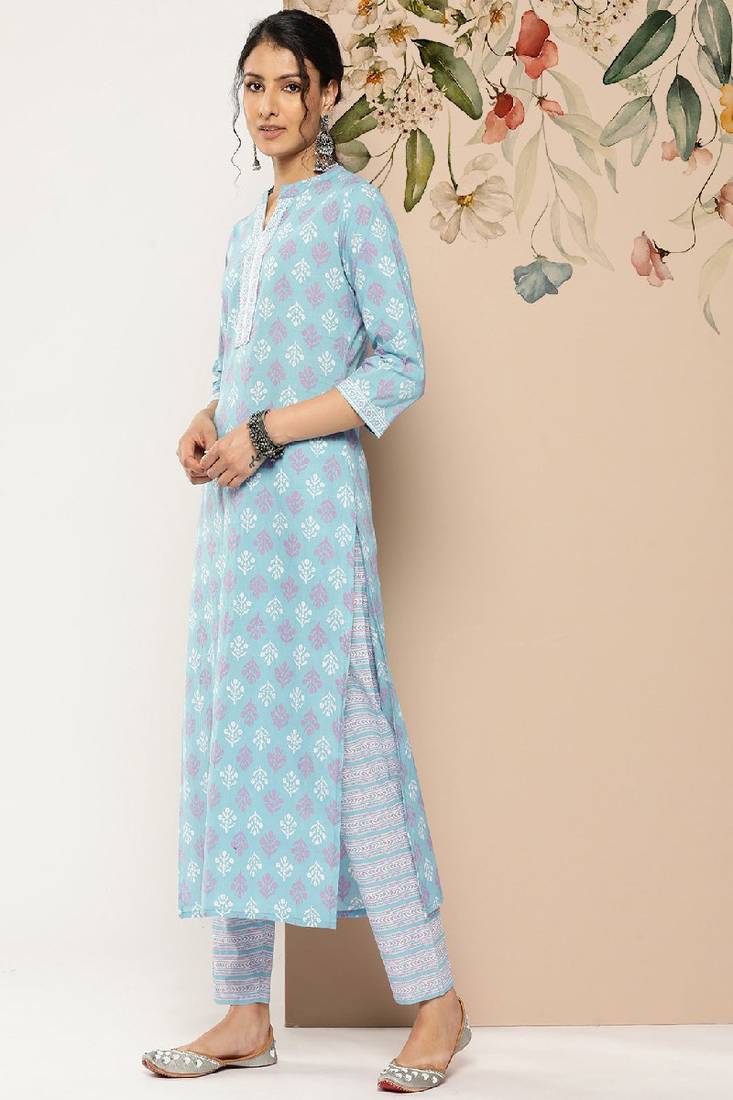 Sky Printed Pure Cotton Kurta Set