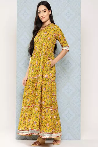 Yellow Printed Pure Cotton Dress