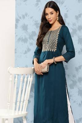 Teal Embroidered Viscose Rayon Kurta 1