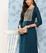 Teal Embroidered Viscose Rayon Kurta