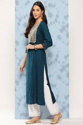 Teal Embroidered Viscose Rayon Kurta 2