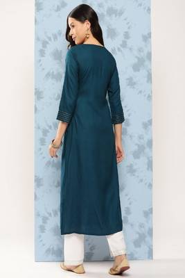 Teal Embroidered Viscose Rayon Kurta 3