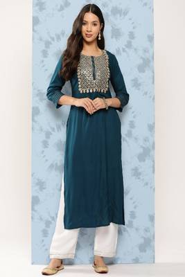 Teal Embroidered Viscose Rayon Kurta 4