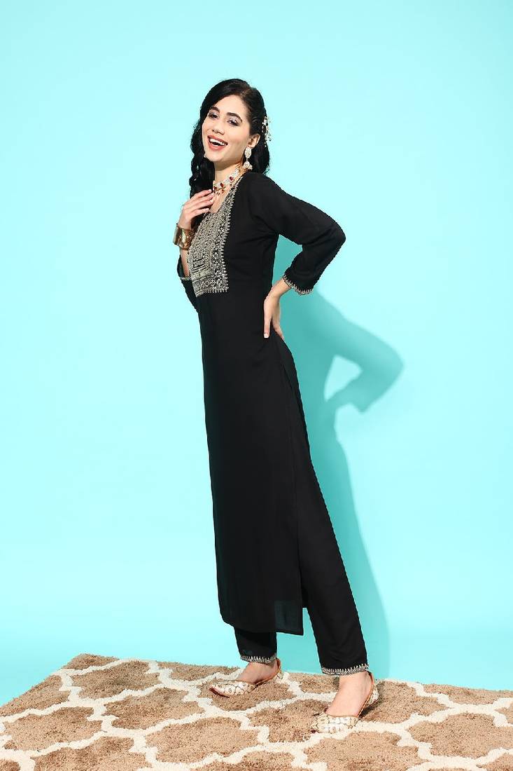 Black Embroidered Viscose Rayon Kurta Set
