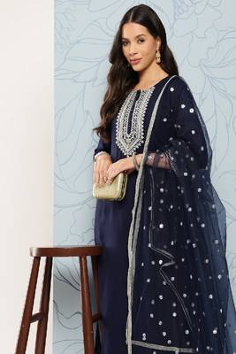 Navy Embroidered Viscose Rayon Kurta Set 2