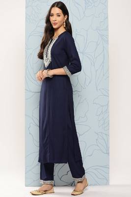Navy Embroidered Viscose Rayon Kurta Set 1
