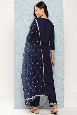 Navy Embroidered Viscose Rayon Kurta Set 3