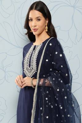Navy Embroidered Viscose Rayon Kurta Set 4