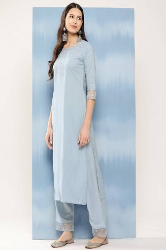 Blue Embroidered Viscose Rayon Kurta Set