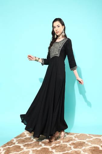 Black Embroidered Viscose Rayon Dress