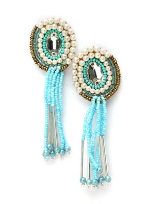 Outre Blue & White Circular Handcrafted Drop Earrings 3